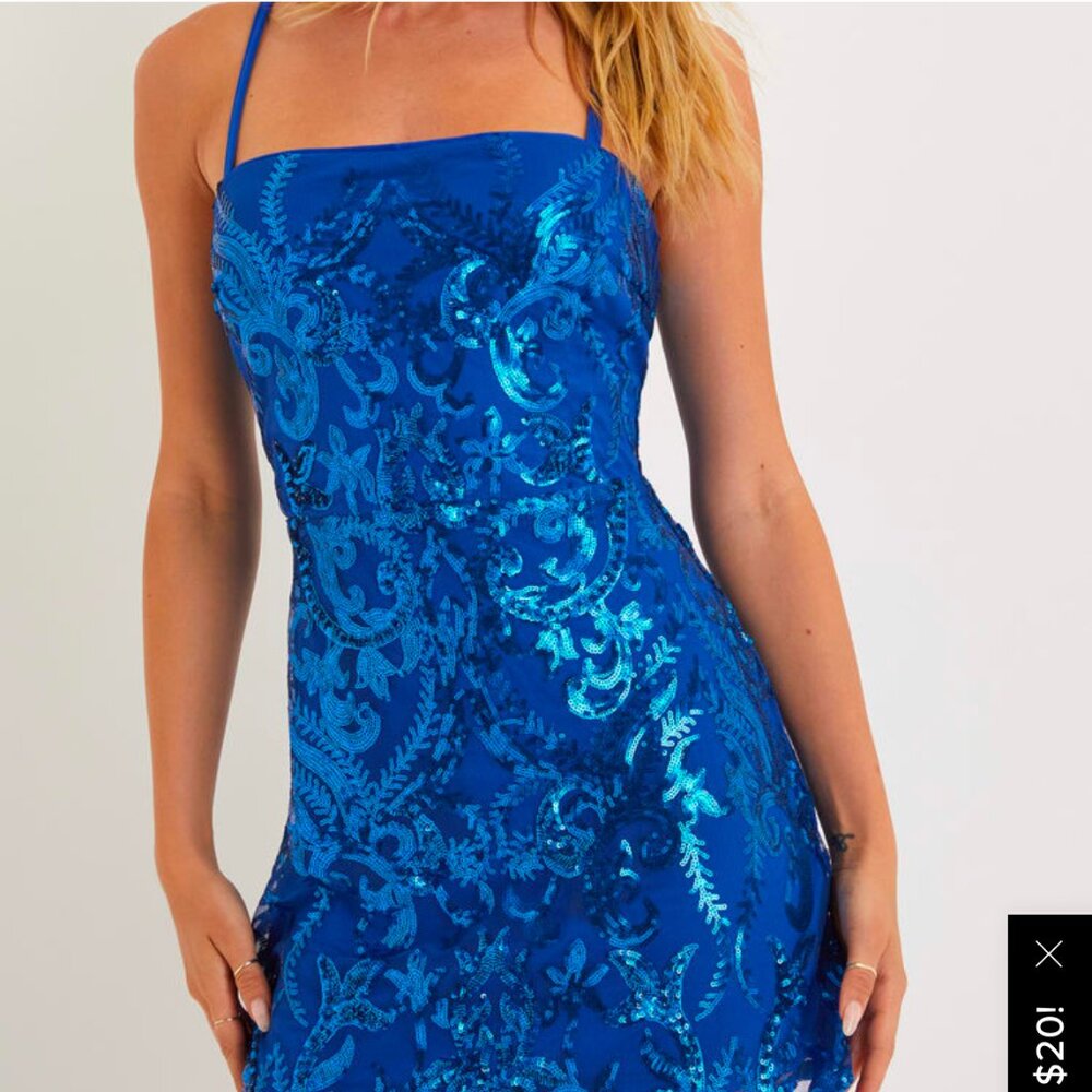 Lulu's Divine Energy Royal Blue Sequin Lace-Up A-Line mini dress